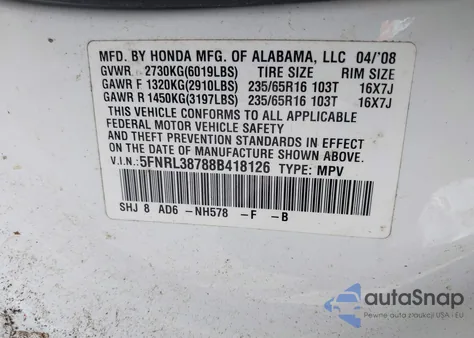 2008 Honda Odyssey Ex-L z USA, uszkodzony, nr VIN 5FNRL38788B418126